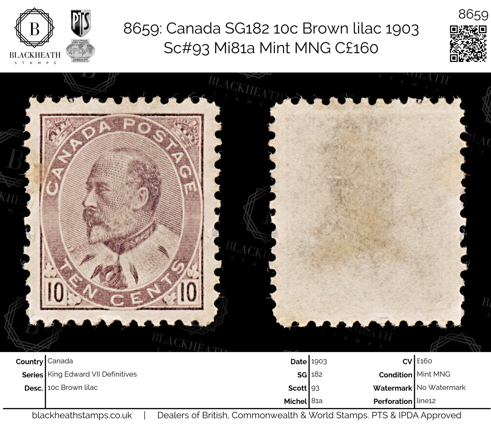 8659: Canada SG182 10c Brown lilac 1903 Sc#93 Mi81a Mint MNG C£160