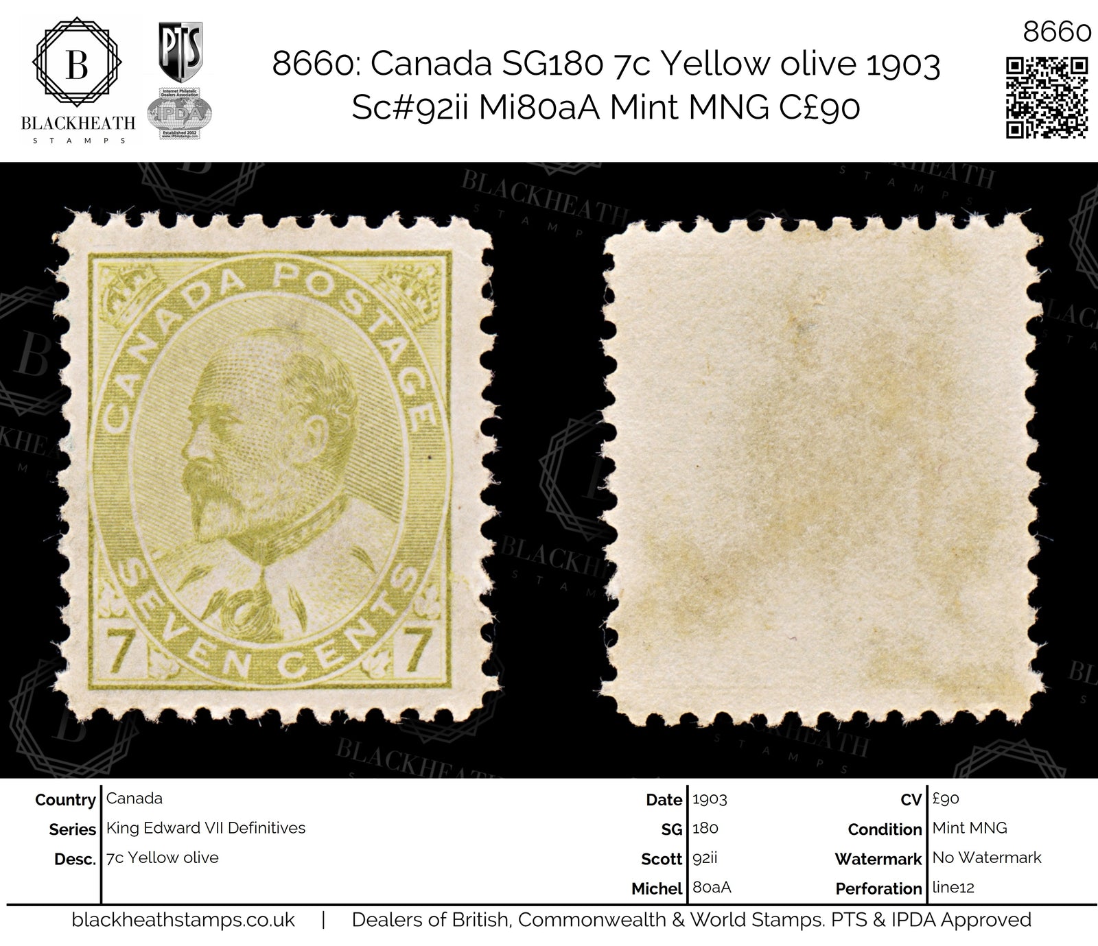 8660: Canada SG180 7c Yellow olive 1903 Sc#92ii Mi80aA Mint MNG C£90