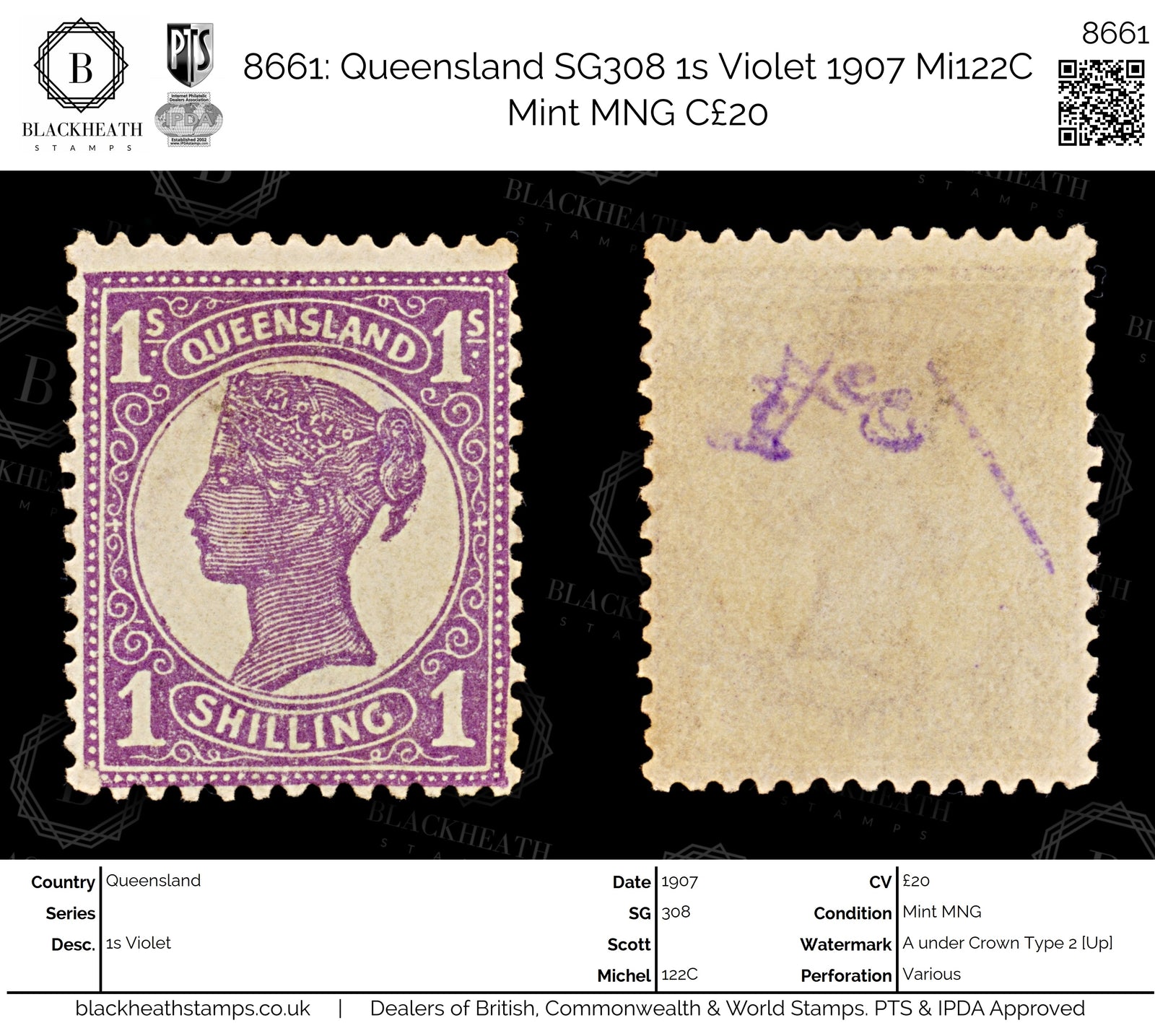 8661: Queensland SG308 1s Violet 1907 Mi122C Mint MNG C£20
