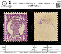 8661: Queensland SG308 1s Violet 1907 Mi122C Mint MNG C£20, view 1