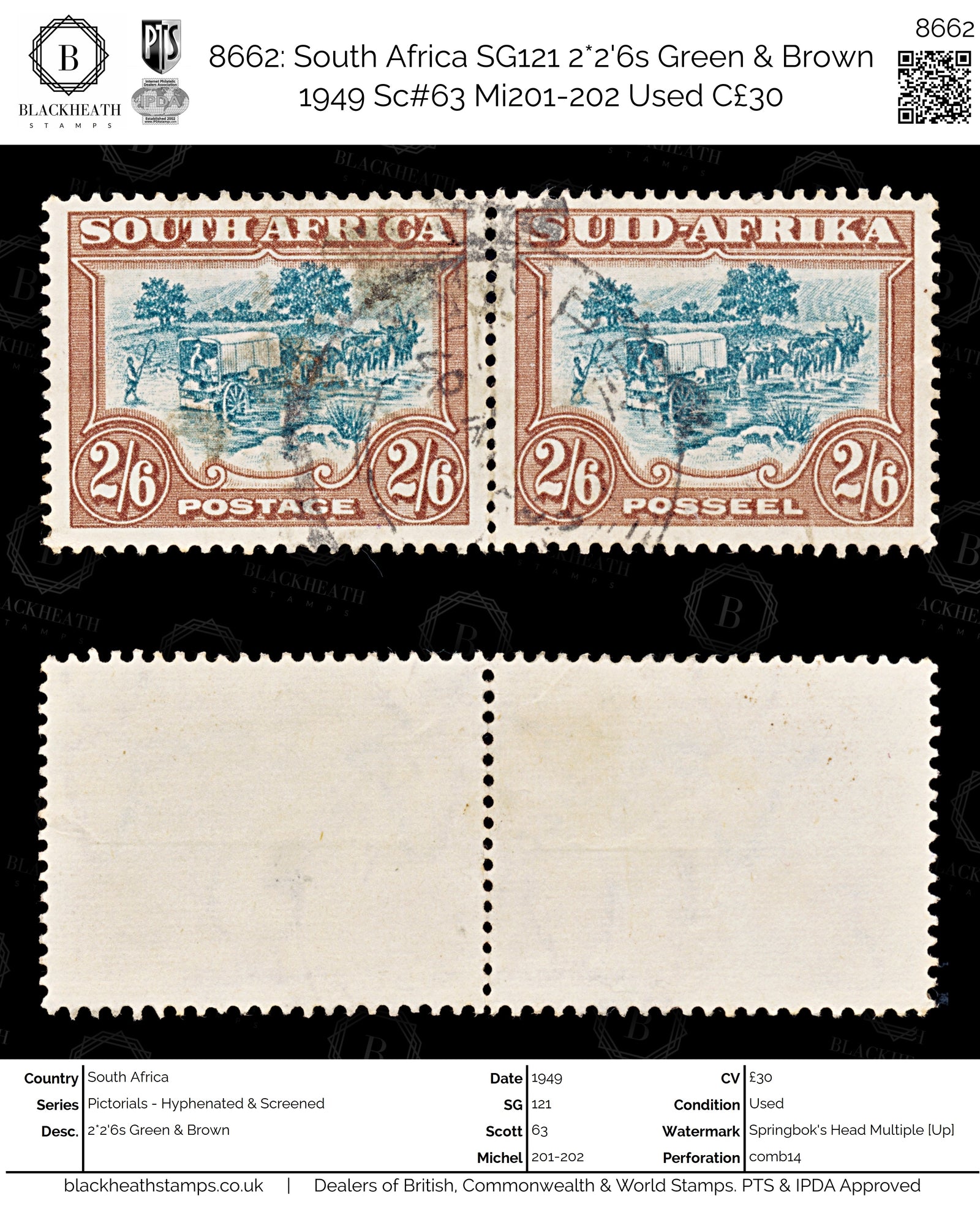8662: South Africa SG121 2*2'6s Green & Brown 1949 Sc#63 Mi201-202 Used C£30