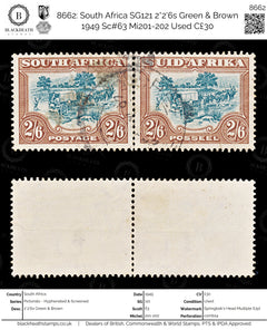 8662: South Africa SG121 2*2'6s Green & Brown 1949 Sc#63 Mi201-202 Used C£30, view 1