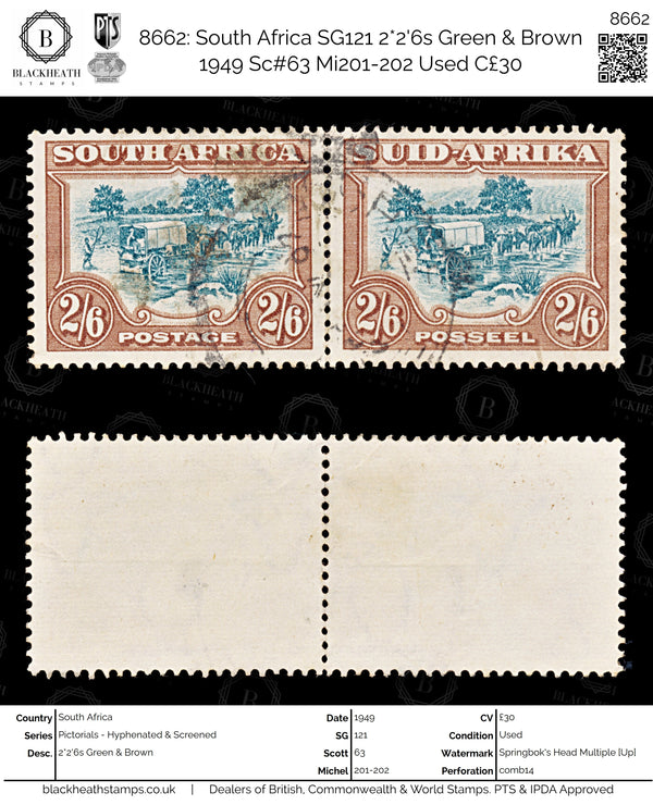 8662: South Africa SG121 2*2'6s Green & Brown 1949 Sc#63 Mi201-202 Used C£30