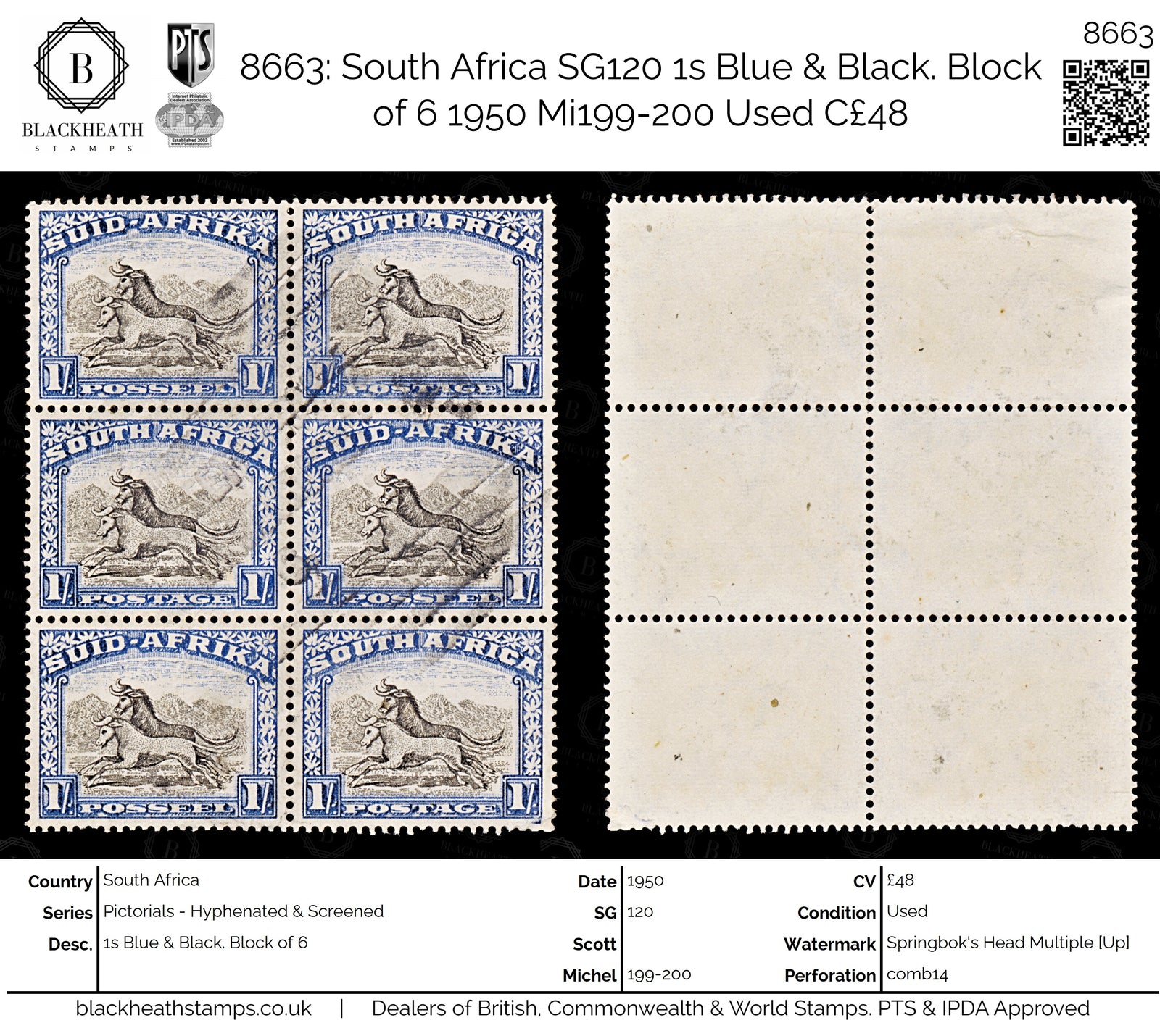 8663: South Africa SG120 1s Blue & Black. Block of 6 1950 Mi199-200 Used C£48