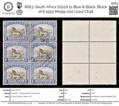 8663: South Africa SG120 1s Blue & Black. Block of 6 1950 Mi199-200 Used C£48, view 1