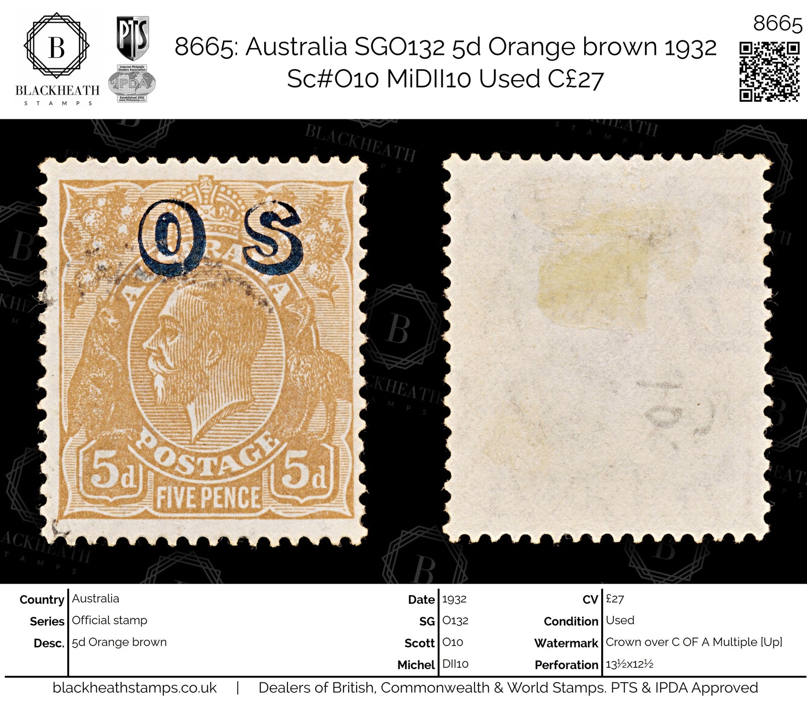 8665: Australia SGO132 5d Orange brown 1932 Sc#O10 MiDII10 Used C£27