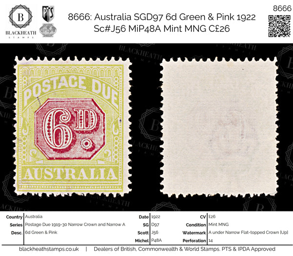8666: Australia SGD97 6d Green & Pink 1922 Sc#J56 MiP48A Mint MNG C£26