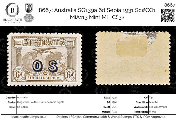8667: Australia SG139a 6d Sepia 1931 Sc#CO1 MiA113 Mint MH C£32