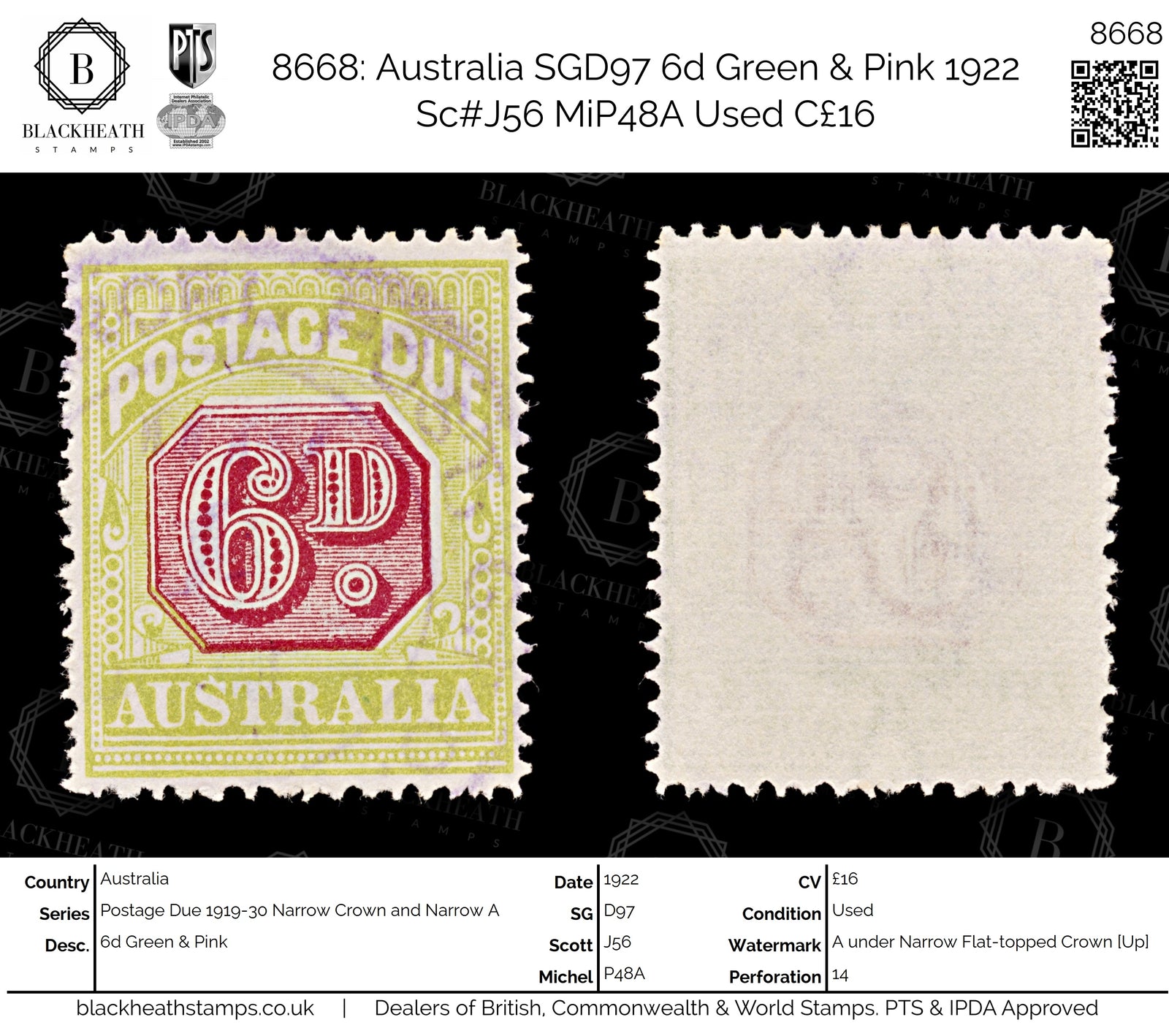 8668: Australia SGD97 6d Green & Pink 1922 Sc#J56 MiP48A Used C£16