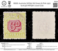 8668: Australia SGD97 6d Green & Pink 1922 Sc#J56 MiP48A Used C£16, view 1