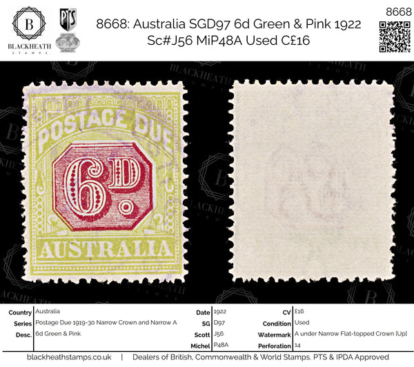 8668: Australia SGD97 6d Green & Pink 1922 Sc#J56 MiP48A Used C£16
