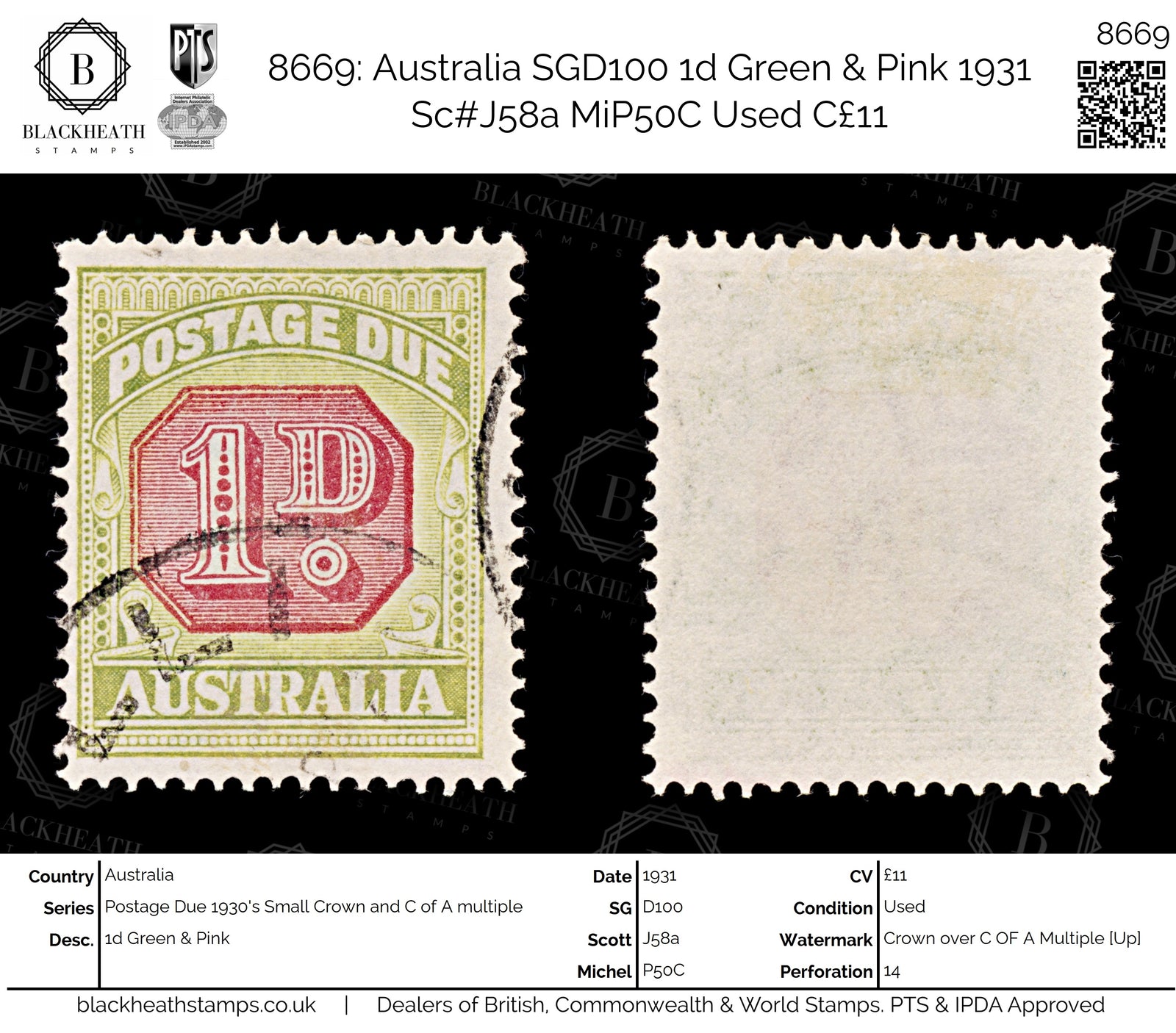 8669: Australia SGD100 1d Green & Pink 1931 Sc#J58a MiP50C Used C£11
