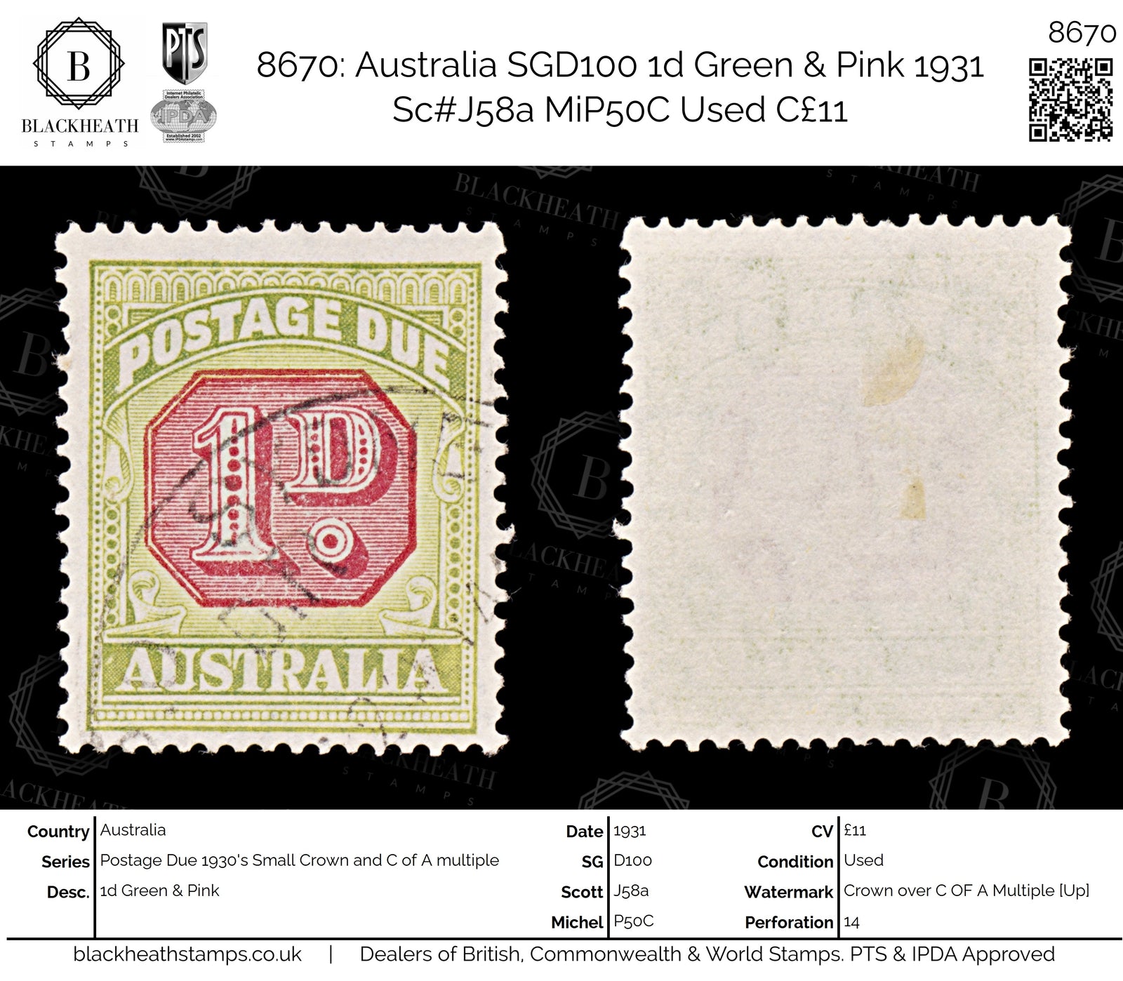 8670: Australia SGD100 1d Green & Pink 1931 Sc#J58a MiP50C Used C£11