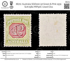 8670: Australia SGD100 1d Green & Pink 1931 Sc#J58a MiP50C Used C£11, view 1