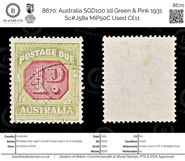 8670: Australia SGD100 1d Green & Pink 1931 Sc#J58a MiP50C Used C£11