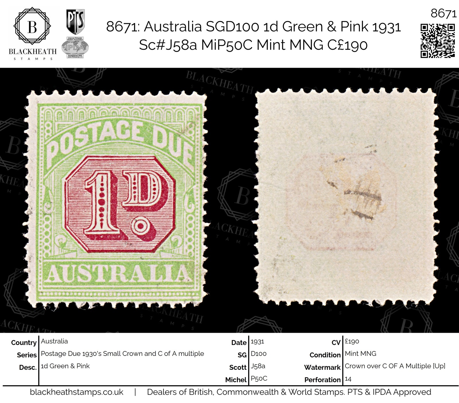 8671: Australia SGD100 1d Green & Pink 1931 Sc#J58a MiP50C Mint MNG C£190
