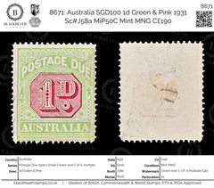 8671: Australia SGD100 1d Green & Pink 1931 Sc#J58a MiP50C Mint MNG C£190, view 1