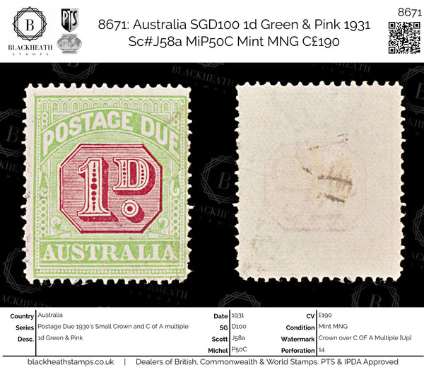 8671: Australia SGD100 1d Green & Pink 1931 Sc#J58a MiP50C Mint MNG C£190