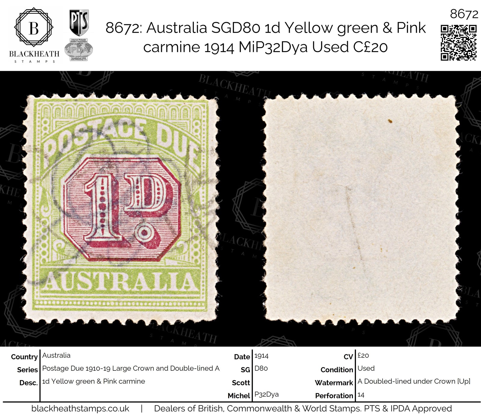 8672: Australia SGD80 1d Yellow green & Pink carmine 1914 MiP32Dya Used C£20