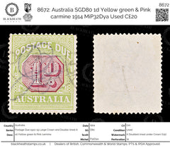 8672: Australia SGD80 1d Yellow green & Pink carmine 1914 MiP32Dya Used C£20, view 1