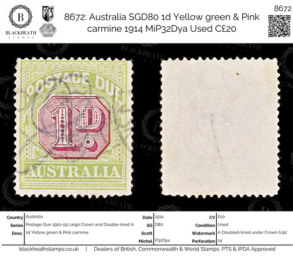8672: Australia SGD80 1d Yellow green & Pink carmine 1914 MiP32Dya Used C£20