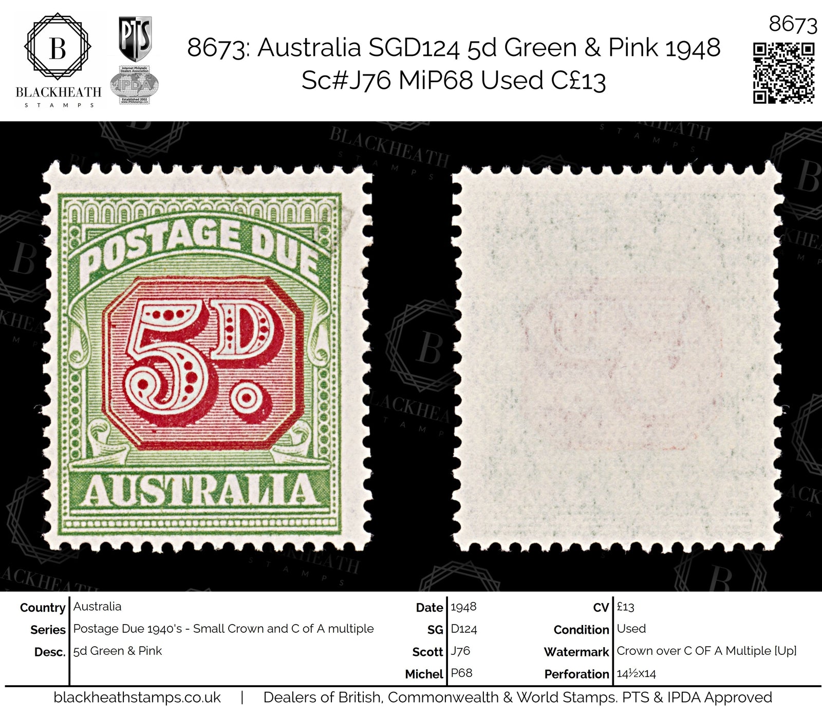 8673: Australia SGD124 5d Green & Pink 1948 Sc#J76 MiP68 Used C£13