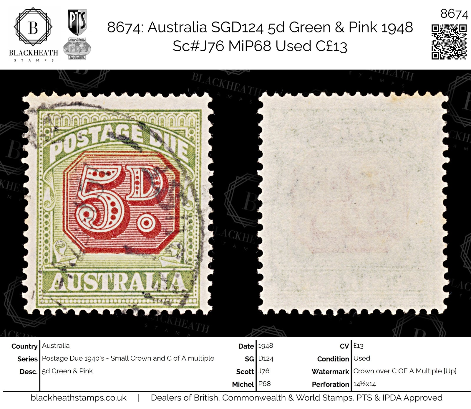 8674: Australia SGD124 5d Green & Pink 1948 Sc#J76 MiP68 Used C£13