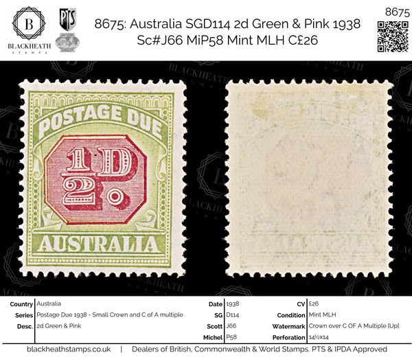 8675: Australia SGD114 2d Green & Pink 1938 Sc#J66 MiP58 Mint MLH C£26