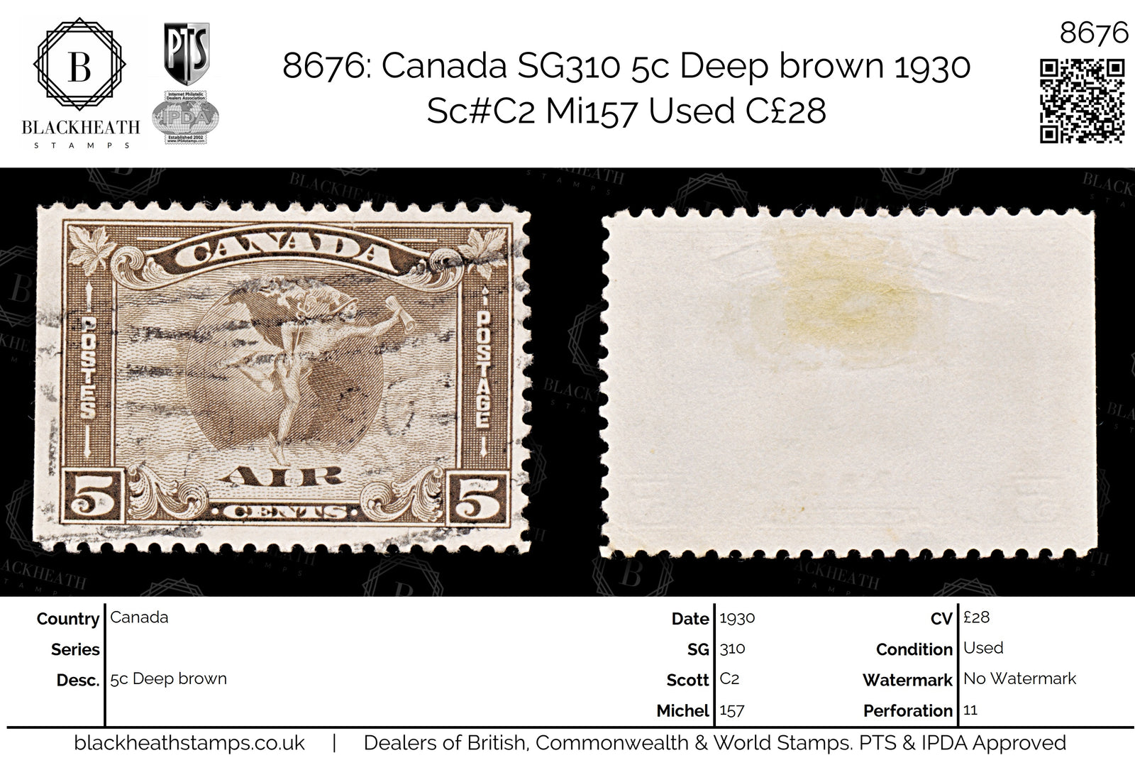 8676: Canada SG310 5c Deep brown 1930 Sc#C2 Mi157 Used C£28