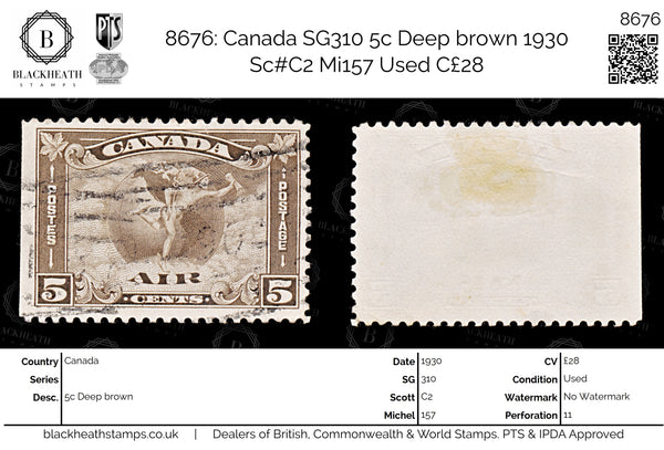 8676: Canada SG310 5c Deep brown 1930 Sc#C2 Mi157 Used C£28