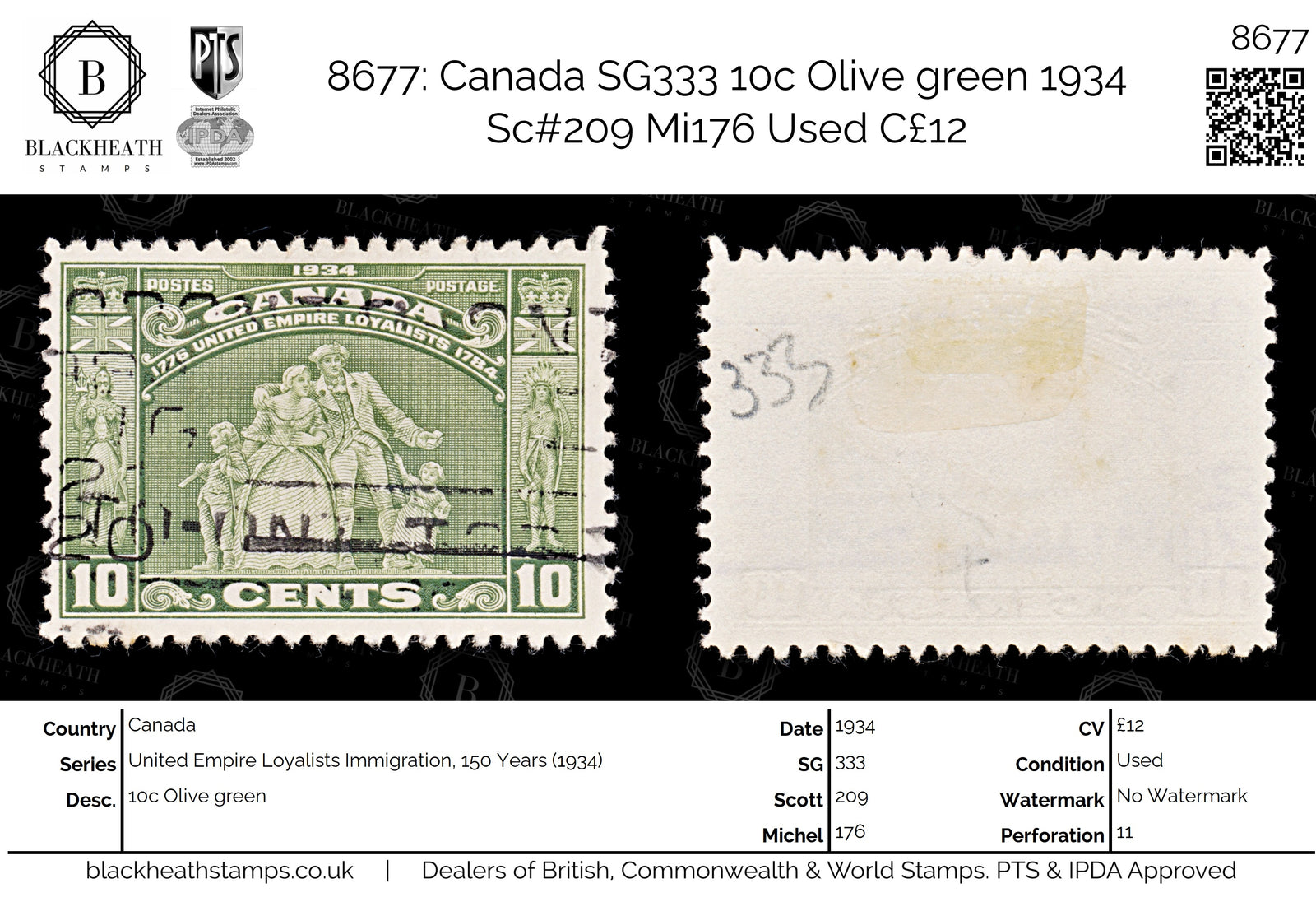 8677: Canada SG333 10c Olive green 1934 Sc#209 Mi176 Used C£12
