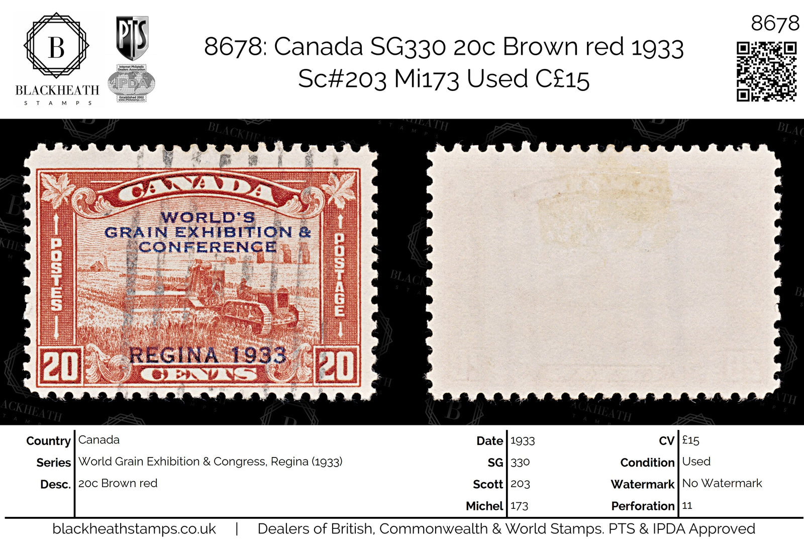 8678: Canada SG330 20c Brown red 1933 Sc#203 Mi173 Used C£15