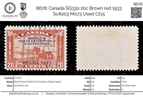 8678: Canada SG330 20c Brown red 1933 Sc#203 Mi173 Used C£15