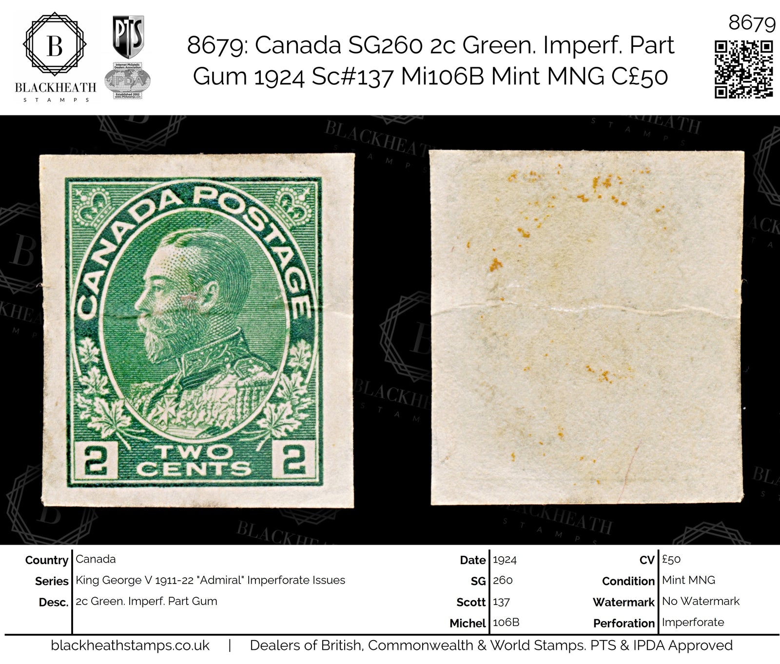 8679: Canada SG260 2c Green. Imperf. Part Gum 1924 Sc#137 Mi106B Mint MNG C£50