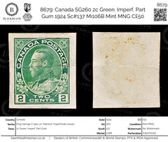 8679: Canada SG260 2c Green. Imperf. Part Gum 1924 Sc#137 Mi106B Mint MNG C£50, view 1