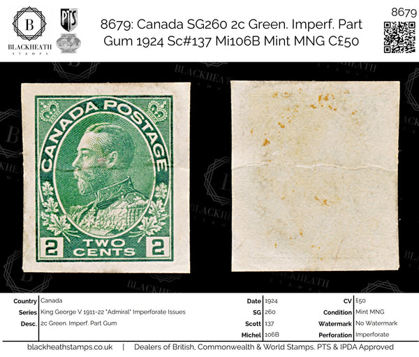 8679: Canada SG260 2c Green. Imperf. Part Gum 1924 Sc#137 Mi106B Mint MNG C£50