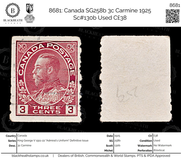 8681: Canada SG258b 3c Carmine 1925 Sc#130b Used C£38