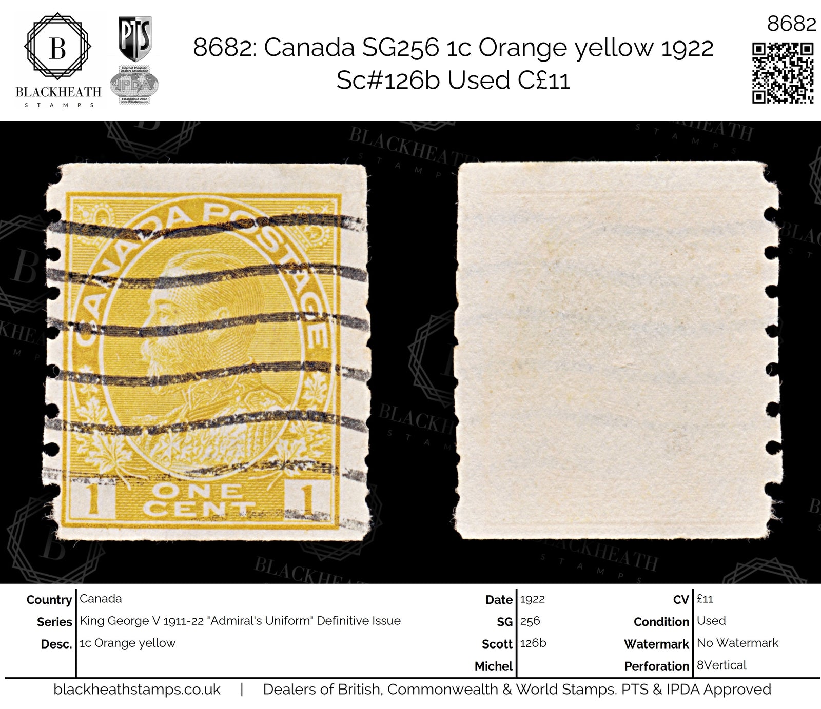 8682: Canada SG256 1c Orange yellow 1922 Sc#126b Used C£11