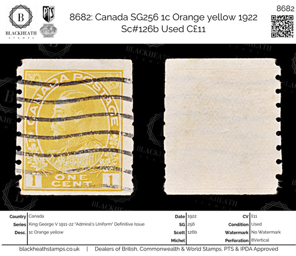 8682: Canada SG256 1c Orange yellow 1922 Sc#126b Used C£11