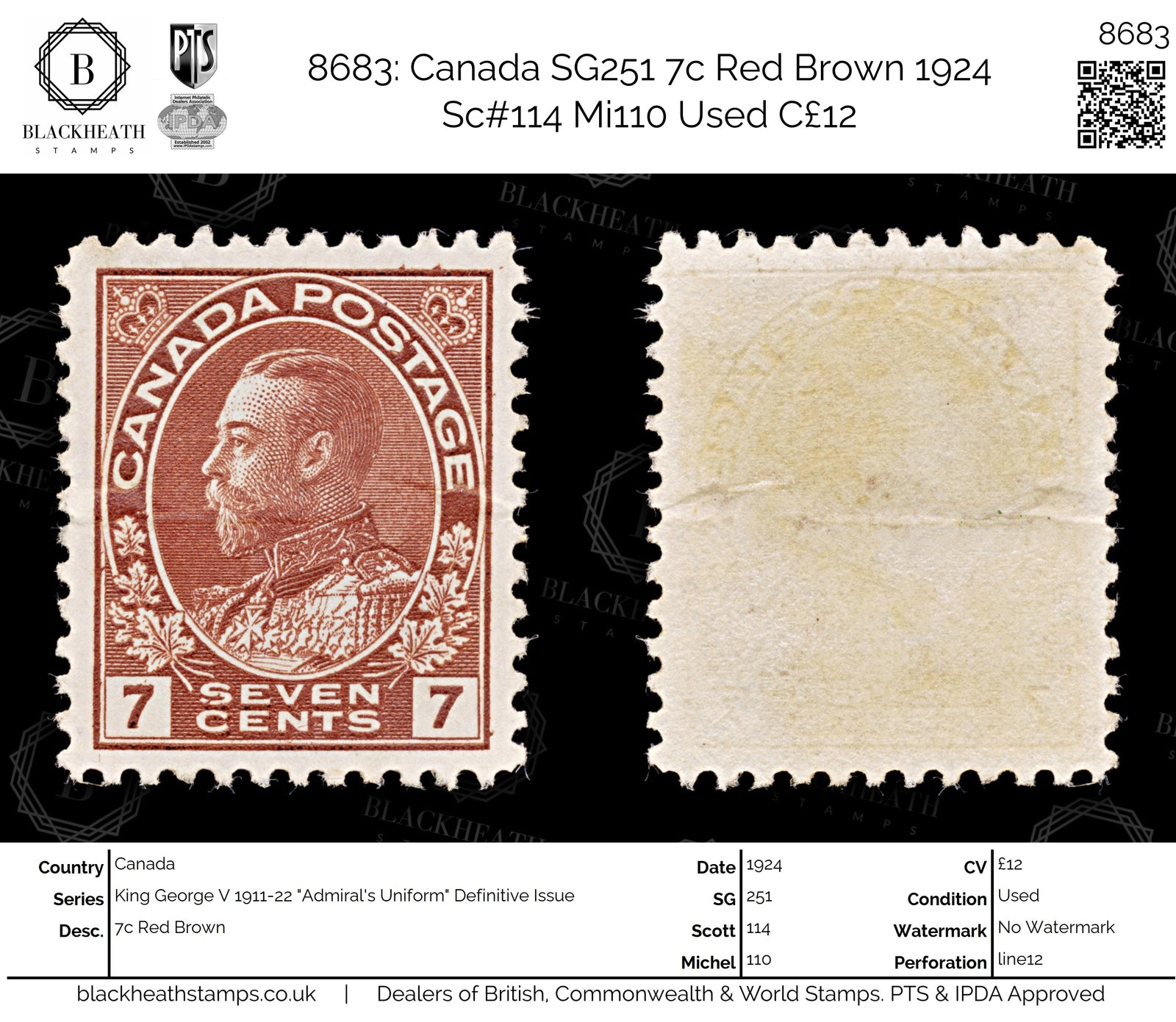 8683: Canada SG251 7c Red Brown 1924 Sc#114 Mi110 Used C£12