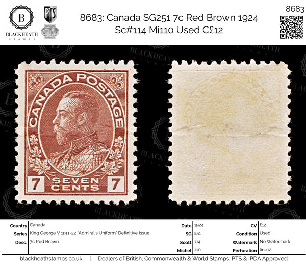 8683: Canada SG251 7c Red Brown 1924 Sc#114 Mi110 Used C£12