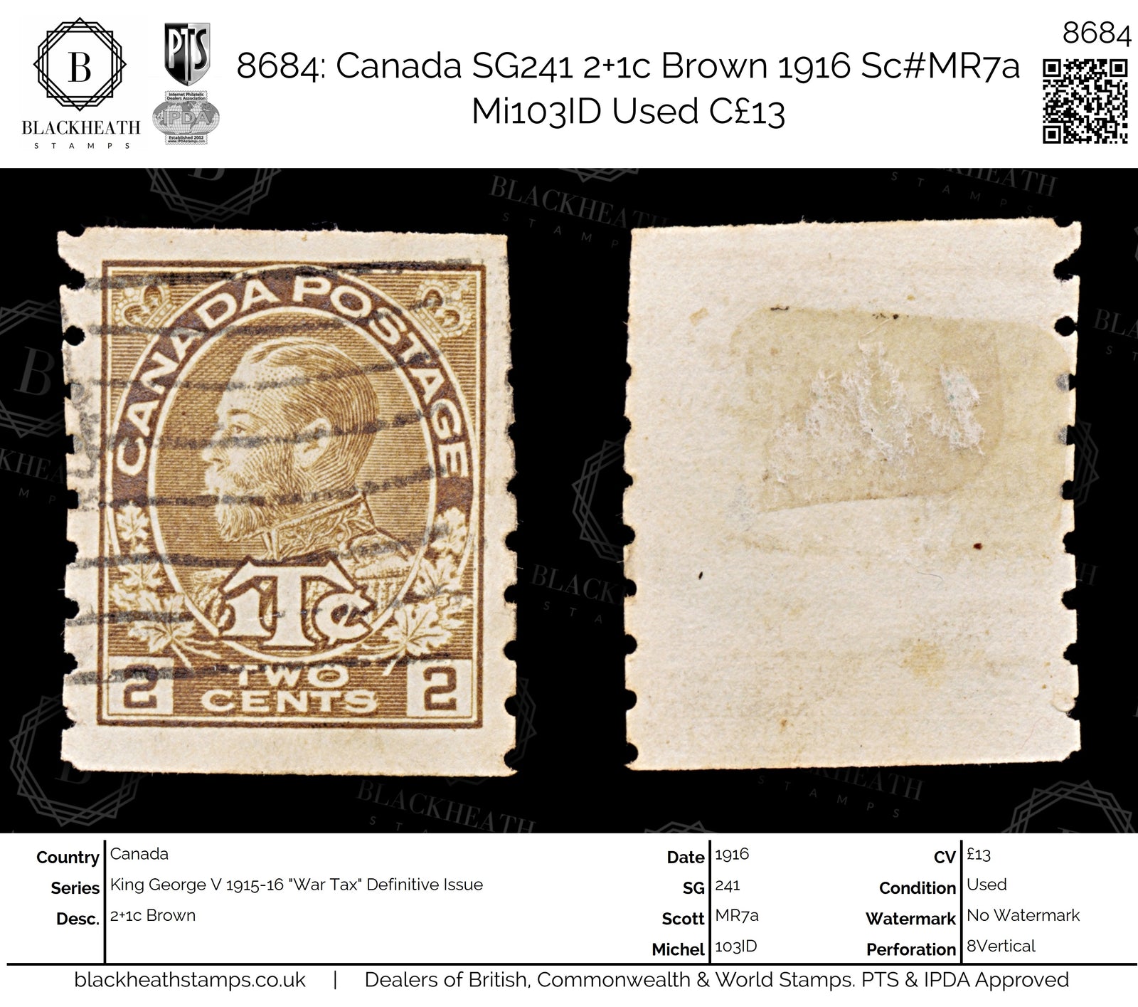 8684: Canada SG241 2+1c Brown 1916 Sc#MR7a Mi103ID Used C£13