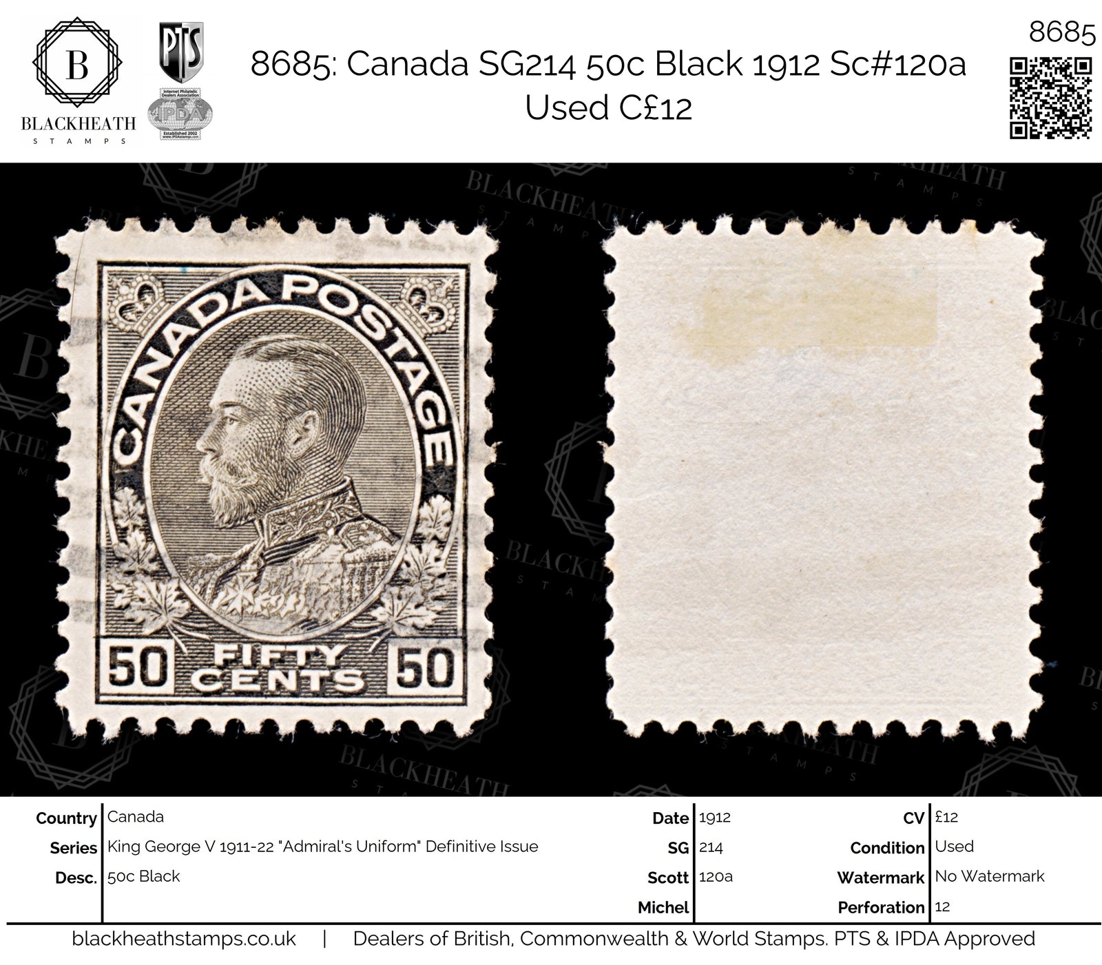 8685: Canada SG214 50c Black 1912 Sc#120a Used C£12