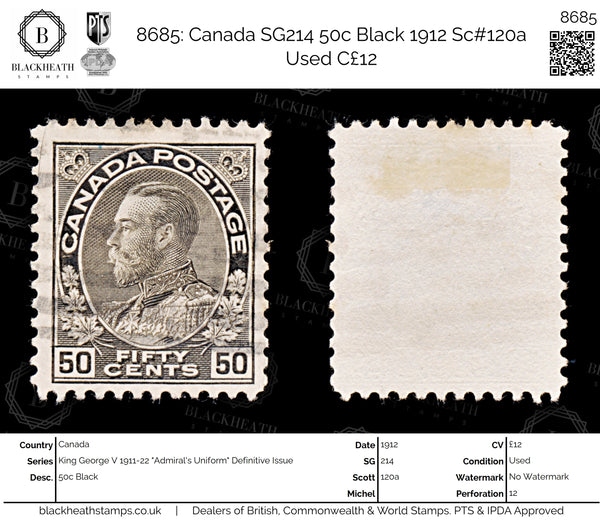 8685: Canada SG214 50c Black 1912 Sc#120a Used C£12