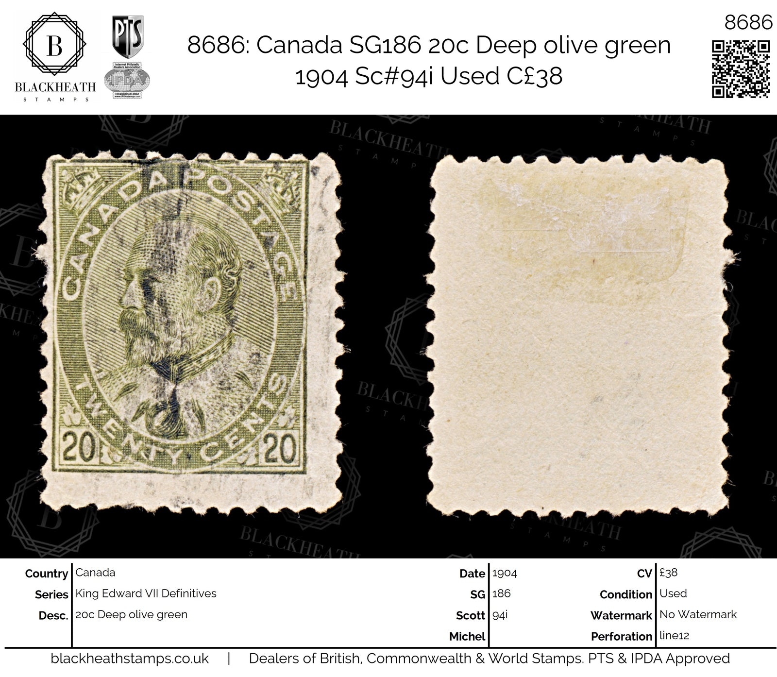 8686: Canada SG186 20c Deep olive green 1904 Sc#94i Used C£38