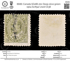 8686: Canada SG186 20c Deep olive green 1904 Sc#94i Used C£38, view 1