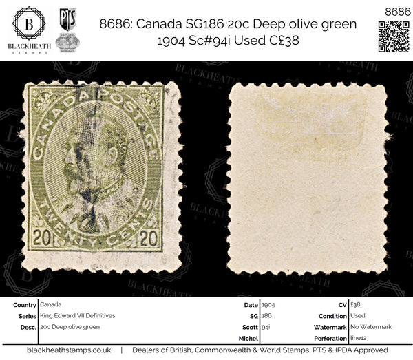 8686: Canada SG186 20c Deep olive green 1904 Sc#94i Used C£38