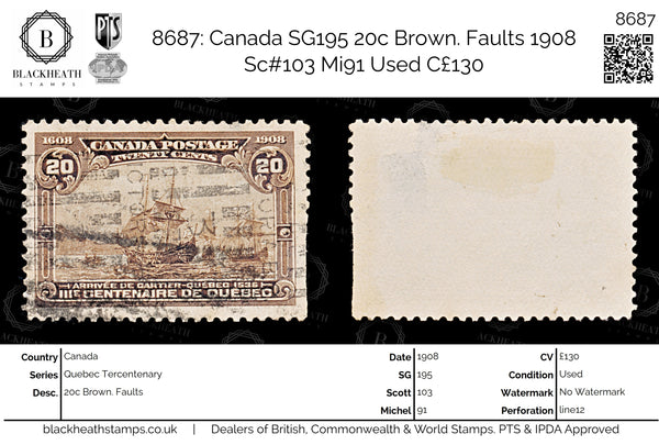 8687: Canada SG195 20c Brown. Faults 1908 Sc#103 Mi91 Used C£130