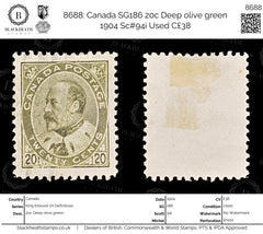 8688: Canada SG186 20c Deep olive green 1904 Sc#94i Used C£38, view 1