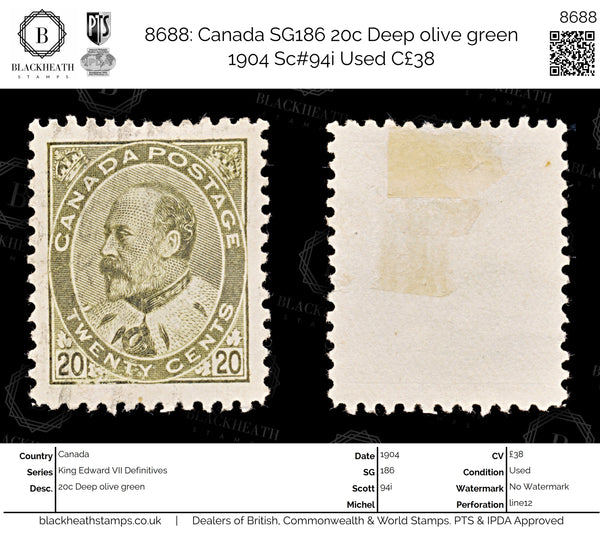 8688: Canada SG186 20c Deep olive green 1904 Sc#94i Used C£38